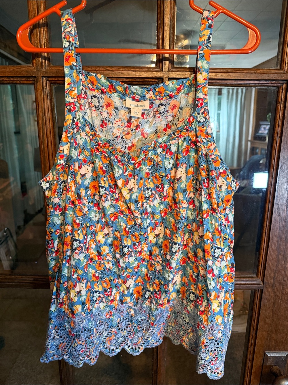 Sundance Floral Cotton‎ Camisole Top Blue Orange Crochet Eyelet Lace Hem Large